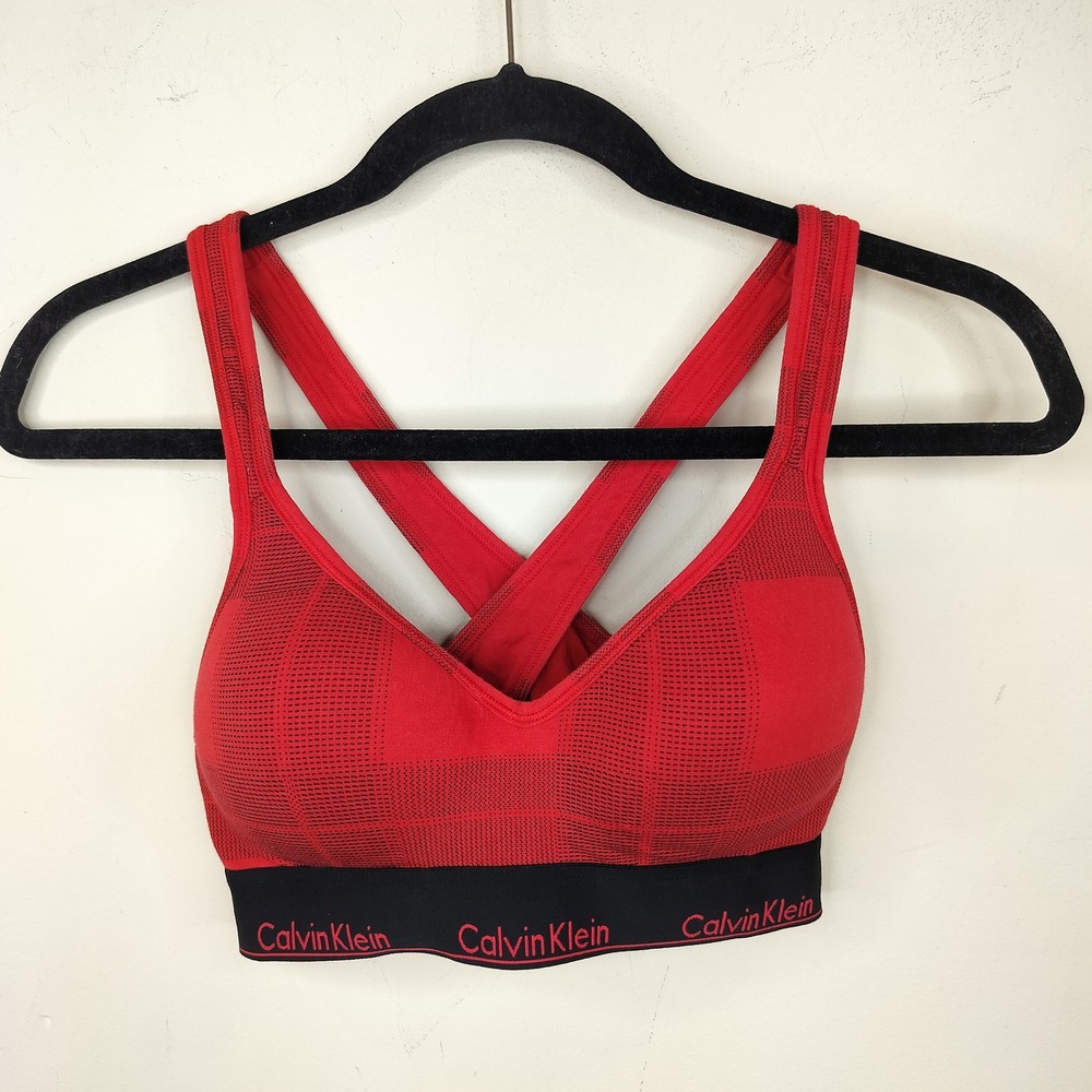 Calvin Klein Sports Bra Medium Plaid Criss Cross Back Logo Band Red